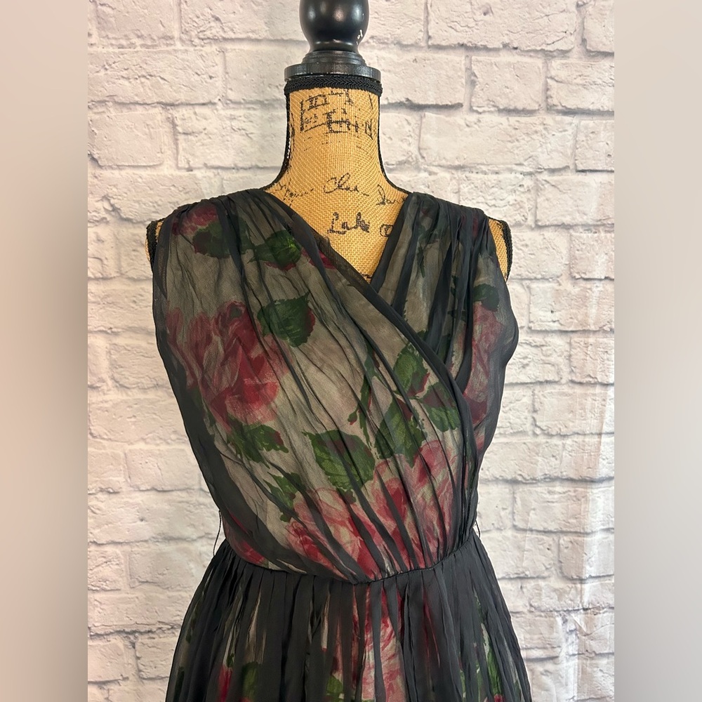 Vintage 50s Dress WOUNDED BIRD Black Pink Floral Midi Evening Formal Party Prom - Picture 5 of 17